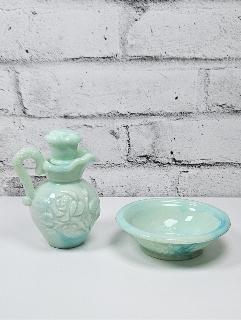 Vintage Avon Opalescent Glass Rose Pitcher and Bowl Vanity Set
